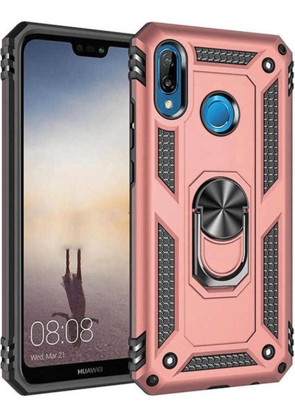 Huawei Y6 2019 Kapak Military Yüzüklü Stantlı Panzer Tank Kılıf Rose Gold