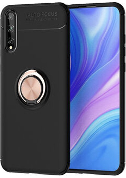 Huawei Y8P Kılıf Renkli Yüzüklü Manyetik Silikon Kapak Siyah - Rose Gold
