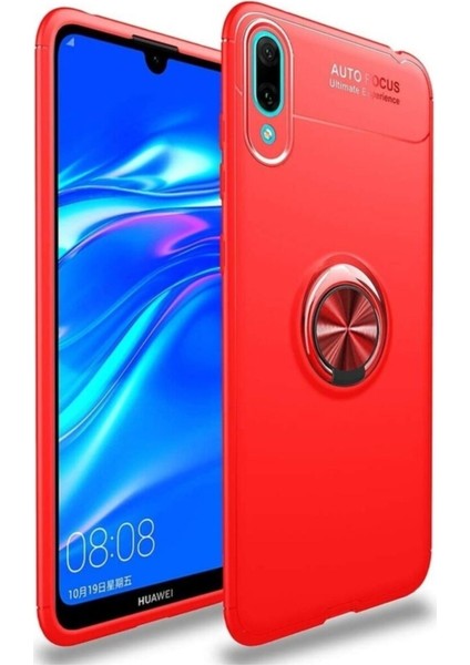 Huawei Y9 2019 Kılıf Renkli Yüzüklü Manyetik Silikon Kapak Kırmızı