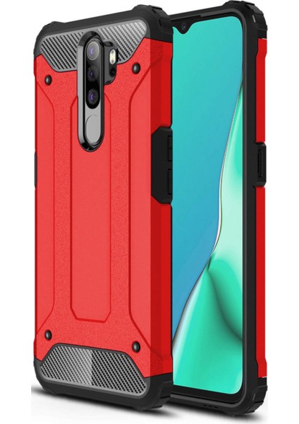 Oppo A5 2020 Kapak Çift Katmanlı Zırh Tank Kılıf Kırmızı
