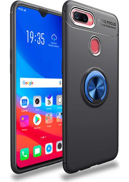 Oppo A5S Kılıf Renkli Yüzüklü Manyetik Silikon Kapak Siyah - Mavi