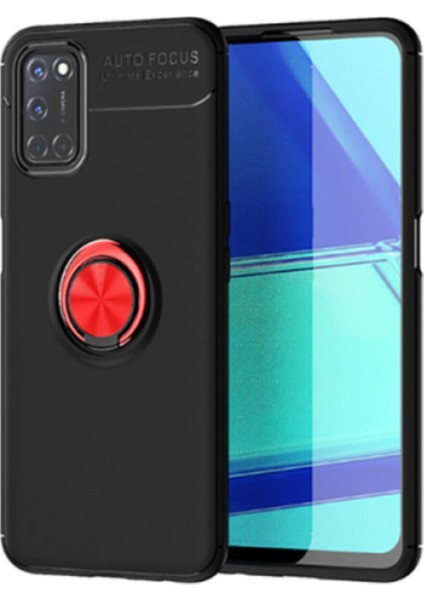 Oppo A92 Kılıf Renkli Yüzüklü Manyetik Silikon Kapak Siyah - Kırmızı