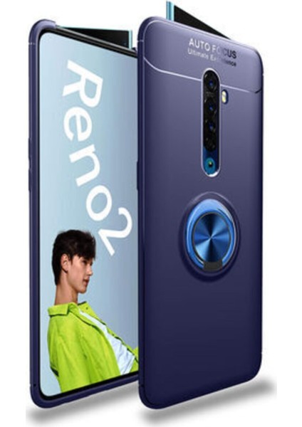 Oppo Reno 2 Z Kılıf Renkli Yüzüklü Manyetik Silikon Kapak Mavi