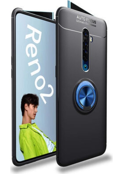 Oppo Reno 2 Z Kılıf Renkli Yüzüklü Manyetik Silikon Kapak Siyah - Mavi