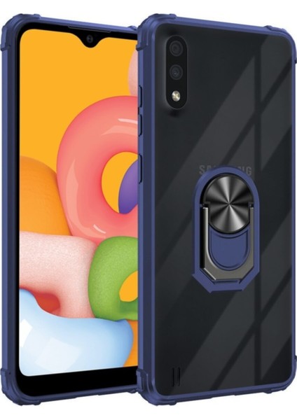 Samsung Galaxy A01 Kapak Şeffaf Yüzüklü Kenar Korumalı Standlı Kılıf Lacivert