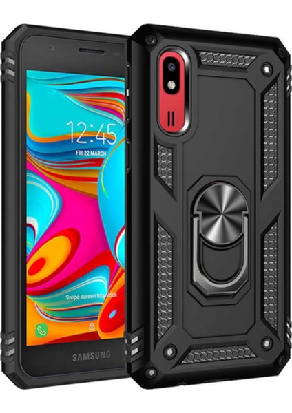 Samsung Galaxy A2 Core Kapak Military Yüzüklü Stantlı Panzer Tank Kılıf Siyah