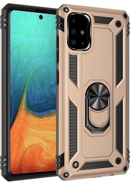 Samsung Galaxy A51 Kapak Military Yüzüklü Stantlı Panzer Tank Kılıf Gold