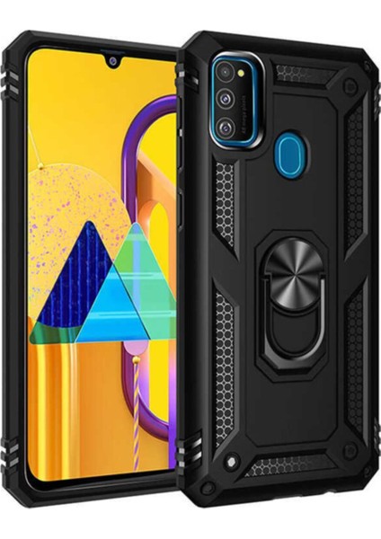 Samsung Galaxy M21 Kapak Military Yüzüklü Stantlı Panzer Tank Kılıf Siyah