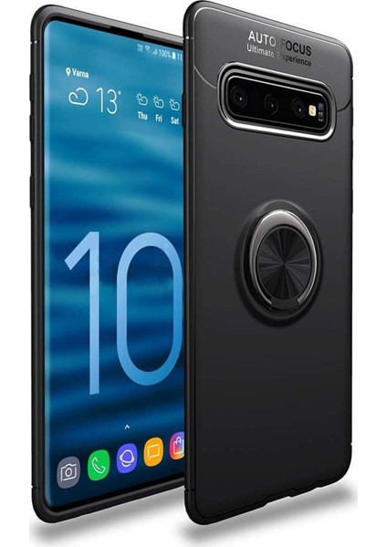 Samsung Galaxy S10 Kılıf Renkli Yüzüklü Manyetik Silikon Kapak Siyah