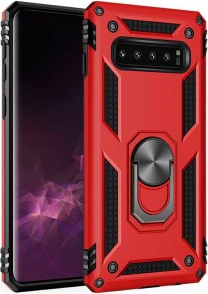 Samsung Galaxy S10 Plus Kapak Military Yüzüklü Stantlı Panzer Tank Kılıf Kırmızı