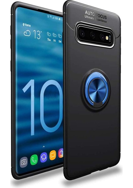 Samsung Galaxy S10 Plus Kılıf Renkli Yüzüklü Manyetik Silikon Kapak Siyah - Mavi