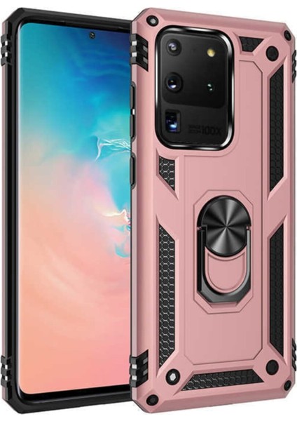 Samsung Galaxy S20 Ultra Kapak Military Yüzüklü Stantlı Panzer Tank Kılıf Rose Gold