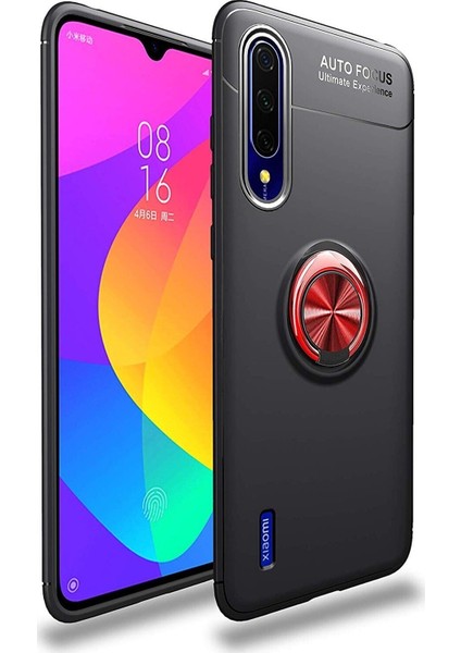 Xiaomi Mi A3 Kılıf Renkli Yüzüklü Manyetik Silikon Kapak Siyah - Kırmızı