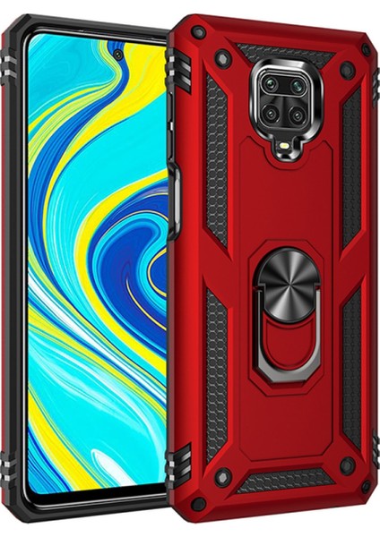 Xiaomi Redmi Note 9 Kapak Military Yüzüklü Stantlı Panzer Tank Kılıf Kırmızı