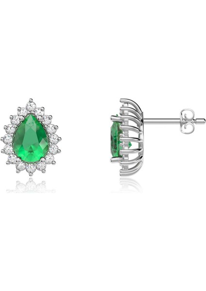 Damla Yeşil Taşlı Anturaj Beyaz Gümüş Küpe
