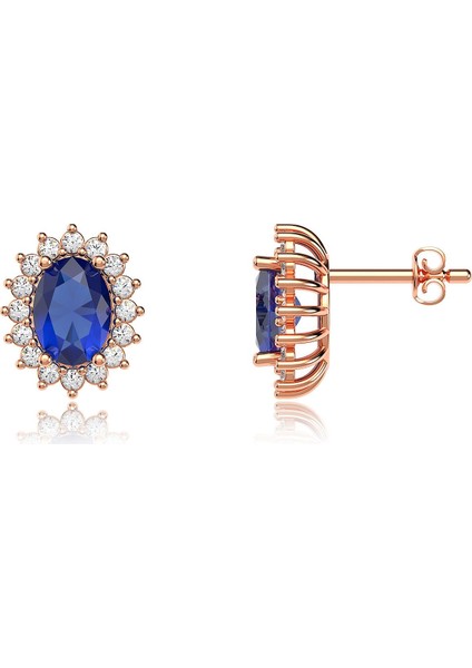 Oval Safir Taşlı Anturaj Rose Gümüş Küpe