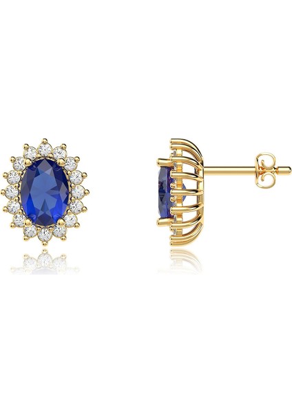 Oval Safir Taşlı Anturaj Altın Kaplama Gümüş Küpe