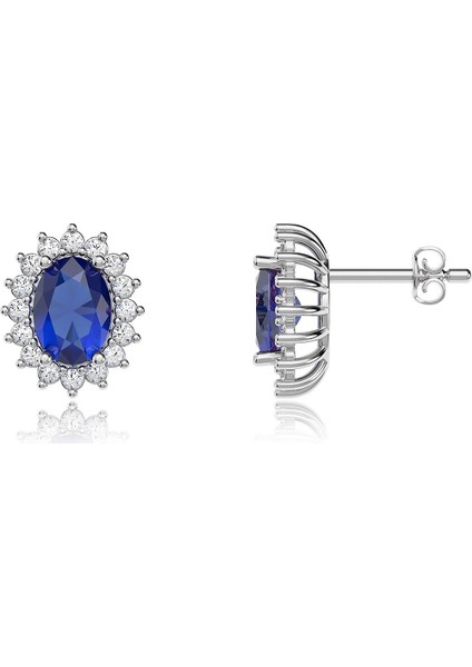 Oval Safir Taşlı Anturaj Beyaz Gümüş Küpe