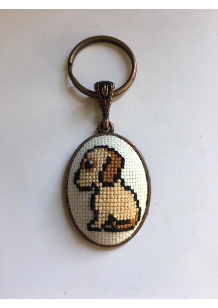 Köpek İşlemeli Kanaviçe Kolye - Anahtarlık