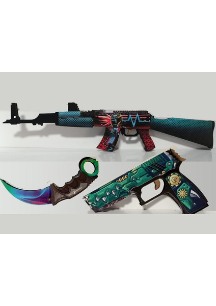 Ahşap Cs-Go Neon Set4 Ak 47 Tüfek,tabanca ve Karambite Seti