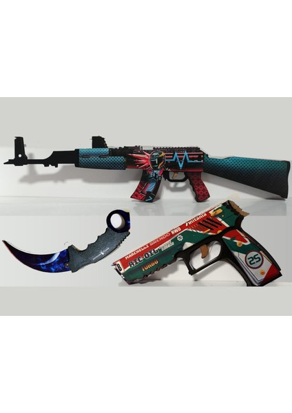 Ahşap Cs-Go Neon Set1 Ak 47 Tüfek,tabanca ve Karambite Seti