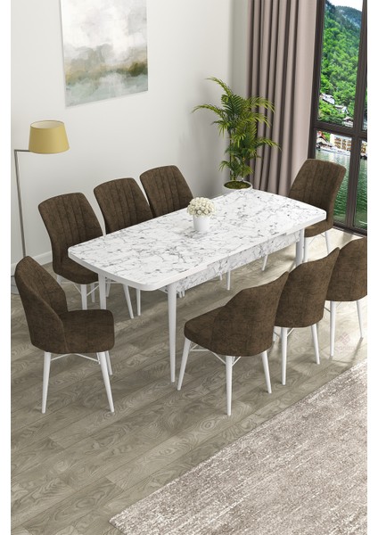 Concept Eva Serisi Mdf Beyaz Mermer Desenli Açılabilir Mutfak Masa Takımı/beyaz Mermer Desenli Masa + 8 Adet Sandalye