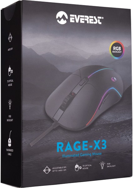 Rage-X3 USB Siyah 7 Tuşlu Ledli 6400 Dpi Oyuncu Mouse