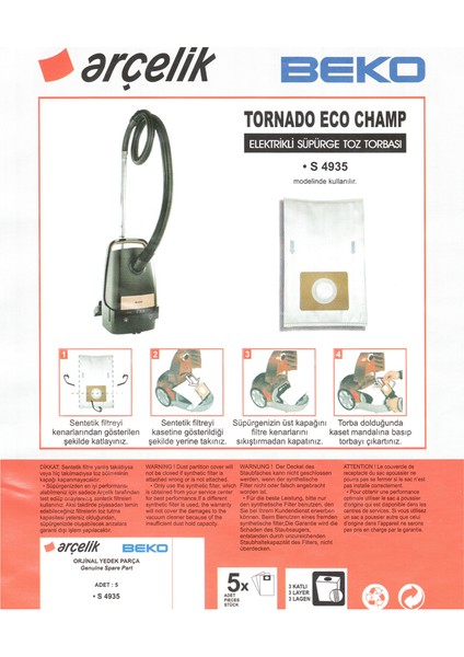 Arçelik S 4935 Süpürge Modeli 5 Adet Toz Torbası Tornado Eco Camp