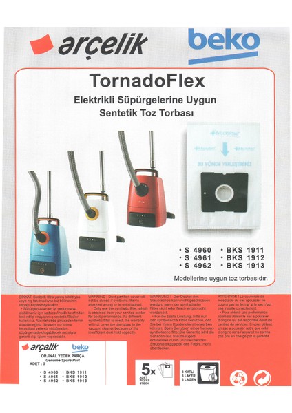 Arçelik S 4962 Süpürge Modeli 5 Adet Toz Torbası Tornadoflex