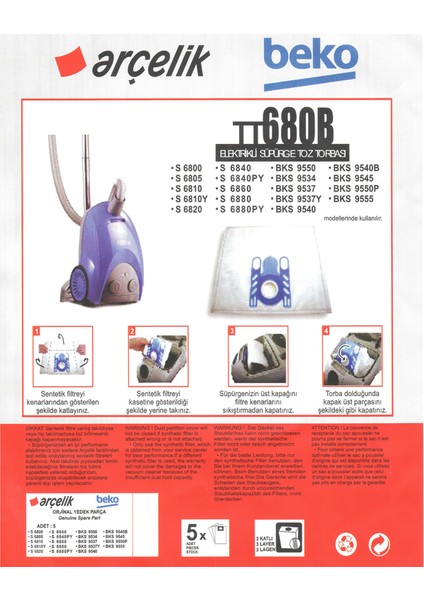 Arçelik S 6880 Süpürge Modeli 5 Adet Toz Torbası TT680B