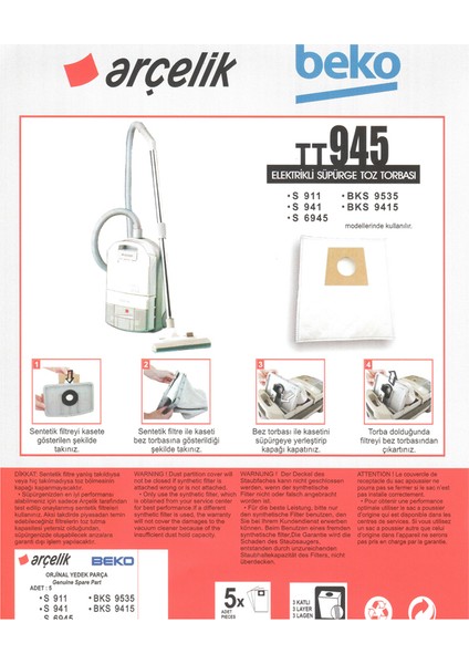 Arçelik S 941 Süpürge Modeli 5 Adet Toz Torbası TT945