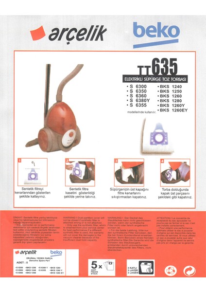 Beko Bks 1325 Süpürge Modeli 5 Adet Toz Torbası TT635 fiyatları