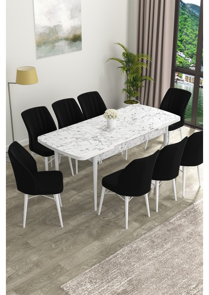 Concept Eva Serisi Mdf Beyaz Mermer Desenli Açılabilir Mutfak Masa Takımı/beyaz Mermer Desenli Masa + 8 Adet Sandalye