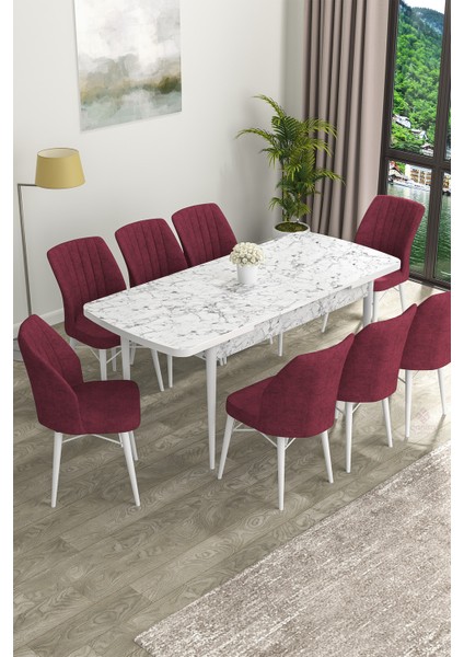 Concept Eva Serisi Mdf Beyaz Mermer Desenli Açılabilir Mutfak Masa Takımı/beyaz Mermer Desenli Masa + 8 Adet Sandalye