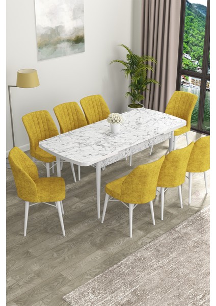 Concept Eva Serisi Mdf Beyaz Mermer Desenli Açılabilir Mutfak Masa Takımı/beyaz Mermer Desenli Masa + 8 Adet Sandalye