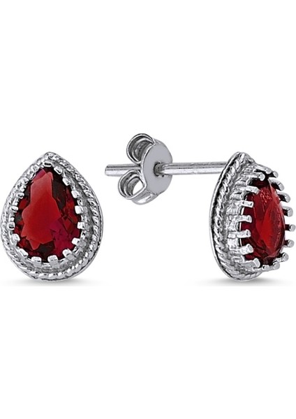 Rodyum Kaplama Garnet Zirkon (Koyu Kırmızı) Taşlı Damla Zirkon Tektaş Gümüş Küpe