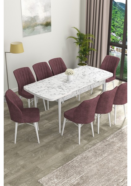 Concept Eva Serisi Mdf Beyaz Mermer Desenli Açılabilir Mutfak Masa Takımı/beyaz Mermer Desenli Masa + 8 Adet Sandalye