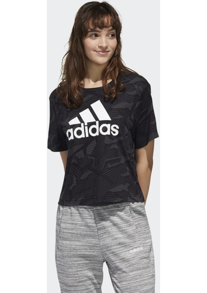 Essentials Allover Print Kadın Siyah Tişört GE1137