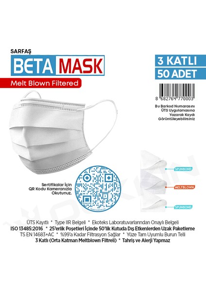 Üts Kayıtlı Meltblown Katmanlı 3 Katlı Cerrahi Maske Beyaz modelleri