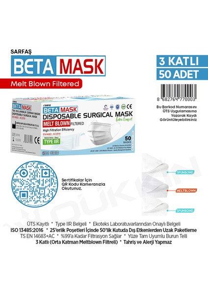 Üts Kayıtlı Meltblown Katmanlı 3 Katlı Cerrahi Maske Beyaz fırsatları