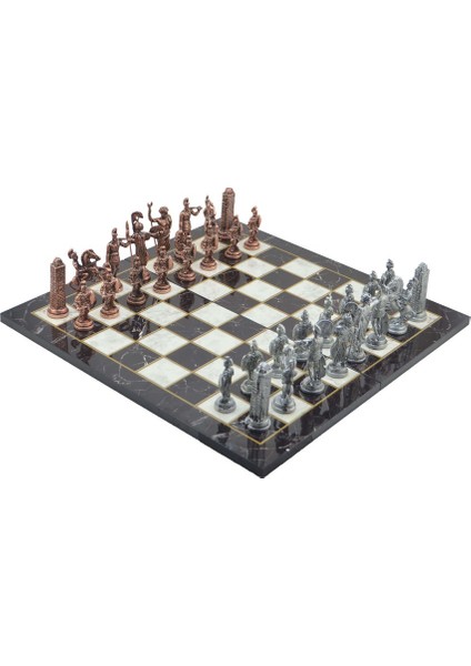 Gifthome Metal Satranç Takımı / Seti; Battal,yunan,antik, Kat.mermer Desenli Satranç Tahtası