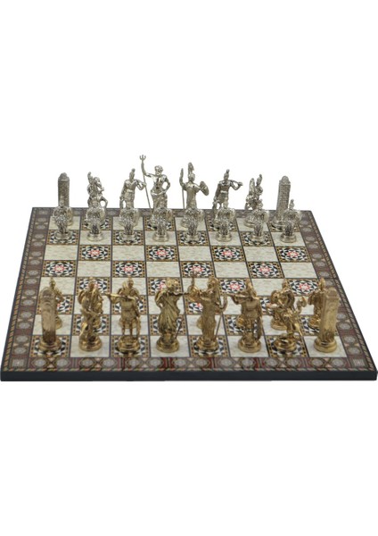 Gifthome Metal Satranç Takımı / Seti; Battal,yunan,parlak, Kat.sedef Desenli Satranç Tahtası