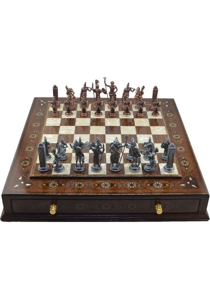 Gifthome Metal Satranç Takımı/seti;battal,yunan,antik,sedefli,k.ceviz ,çekm. Satranç Tahtası