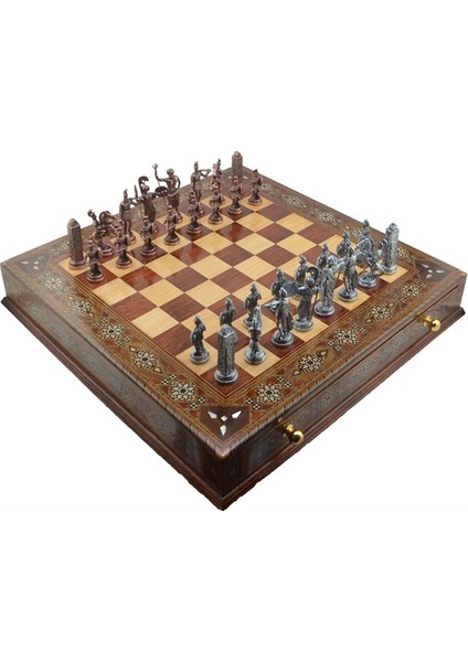Gifthome Metal Satranç Takımı/seti;battal,yunan,antik,sedefli,ceviz ,çekm. Satranç Tahtası
