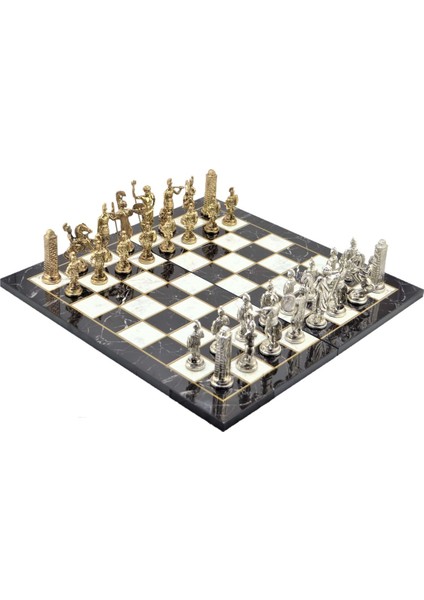 Gifthome, Metal Satranç Takımı / Seti; Battal,yunan,parlak, Kat.mermer Desenli Satranç Tahtası