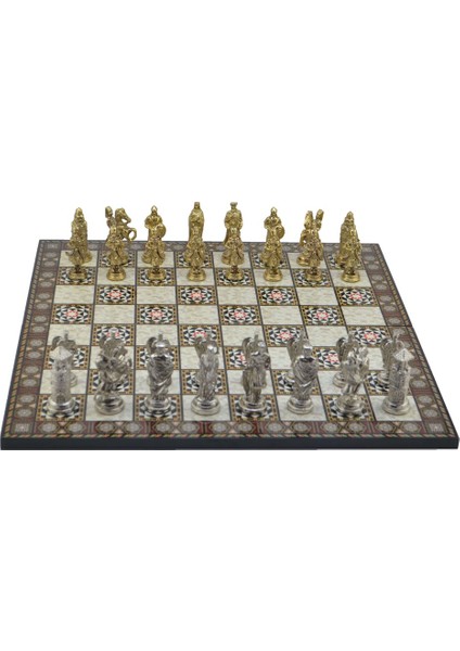 Gifthome Metal Satranç Takımı/seti;battal,osmanlı&bizans,parlak, Kat.sedef Desenli Satranç Tahtası