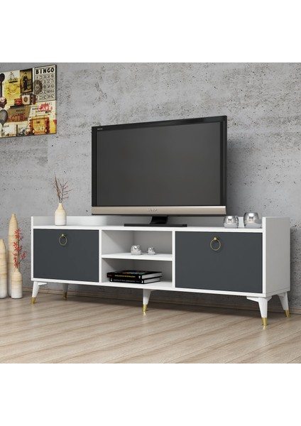 Altın Kulplu Modern Ayaklı Tv Sehpası Beyaz-Gri