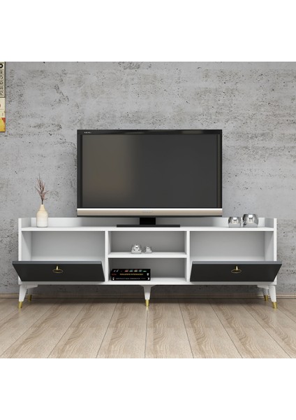 Altın Kulplu Modern Ayaklı Tv Sehpası Beyaz-Gri modelleri