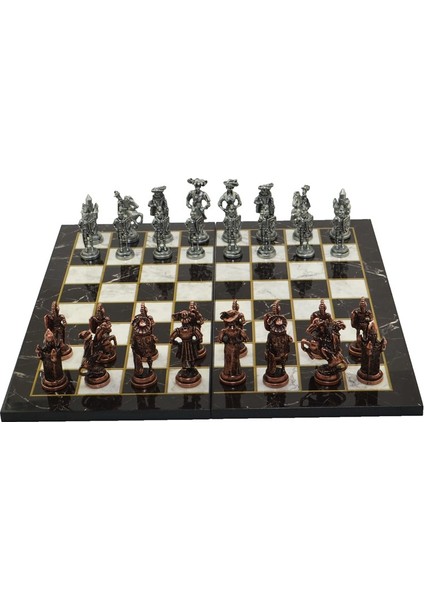 Gifthome, Metal Satranç Takımı / Seti; Battal,ispanyol,antik, Kat.mermer Desenli Satranç Tahtası