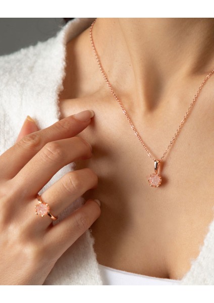 Kadın Rose Kaplama Beyaz Zirkon Taşlı Lotus Çiçeği Kolye Yüzük Set